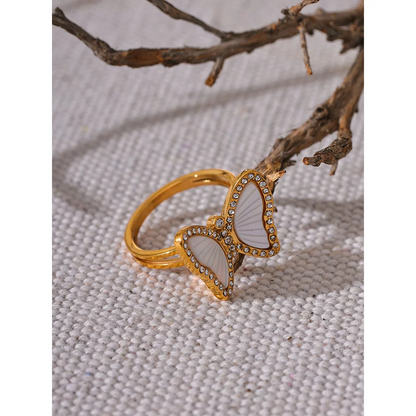 Exquisite Natural Shell CZ Stainless Steel Butterfly Ring Inlaid Cubic Zirconia Gold Color Fashion Jewelry Accessories
