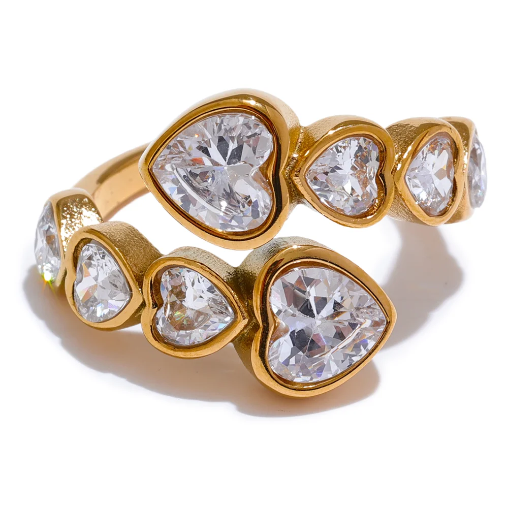 Delicate Cubic Zirconia Heart Stainless Steel Gold Color Adjustable Fashion Open Ring High Quality Chic Charm Jewelry
