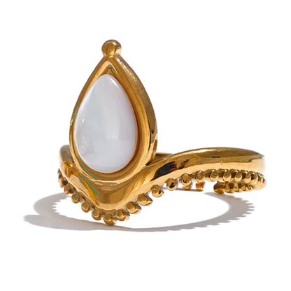Blue White Natural Stone Shell Amazonite France Adjustable Open Ring Stainless Steel Charm Daily Fashion Jewelry Gift