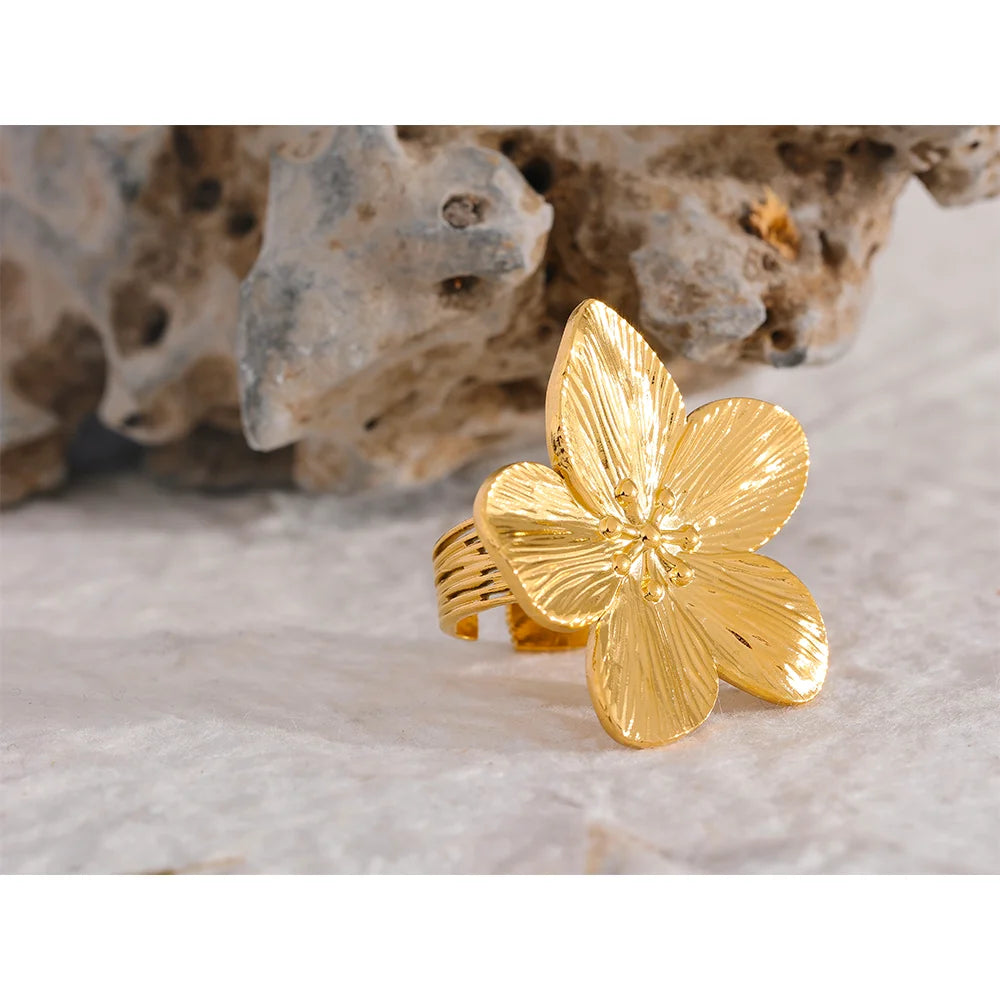 Waterproof 18K Gold Color Stainless Steel Flower Big Open Ring for Women Trendy Fashion Party Summer Statement Jewelry