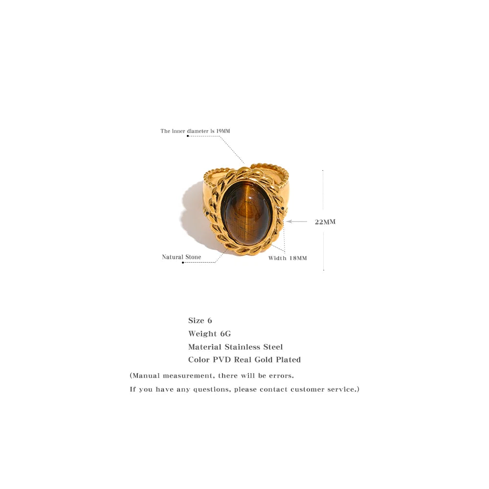 Stainless Steel Wide Chunky Ring Inlaid Tiger Natural Stone Jewelry Trend Europe Bijoux Vintage Stylish Statement