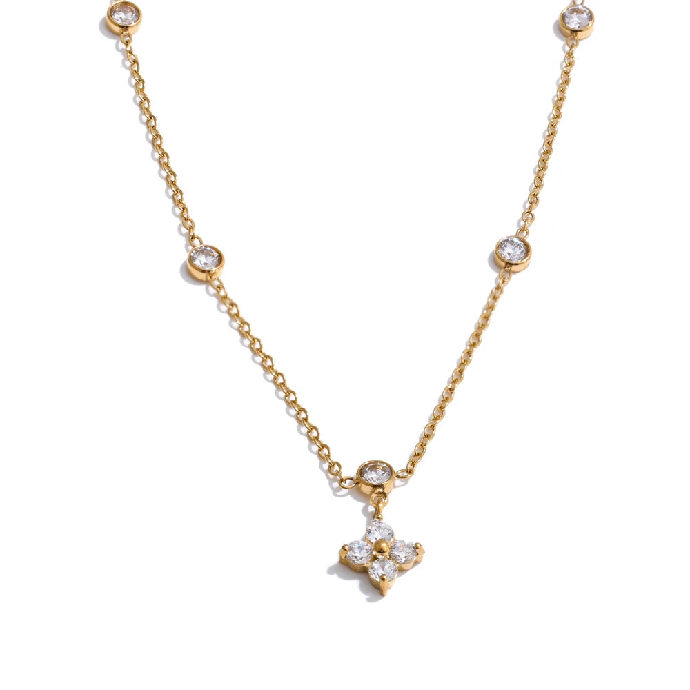 Chic Cubic Zirconia Flower Pendant Exquisite Necklace for Women Stainless Steel Delicate Daily Sweet Jewelry Accessories