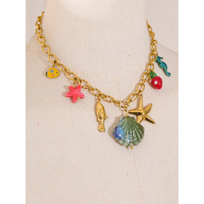 2025 Ocean Style Summer Enamel Ceramic Shell Starfish Pendant Necklace Fashion Trendy Stainless Steel Vacation Jewelry