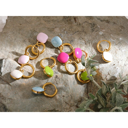 Colorful Enamel Candy Stainless Steel Square Drop Chic Hoop Earrings Women 18K PVD Plated Stylish Summer Jewelry Bijoux