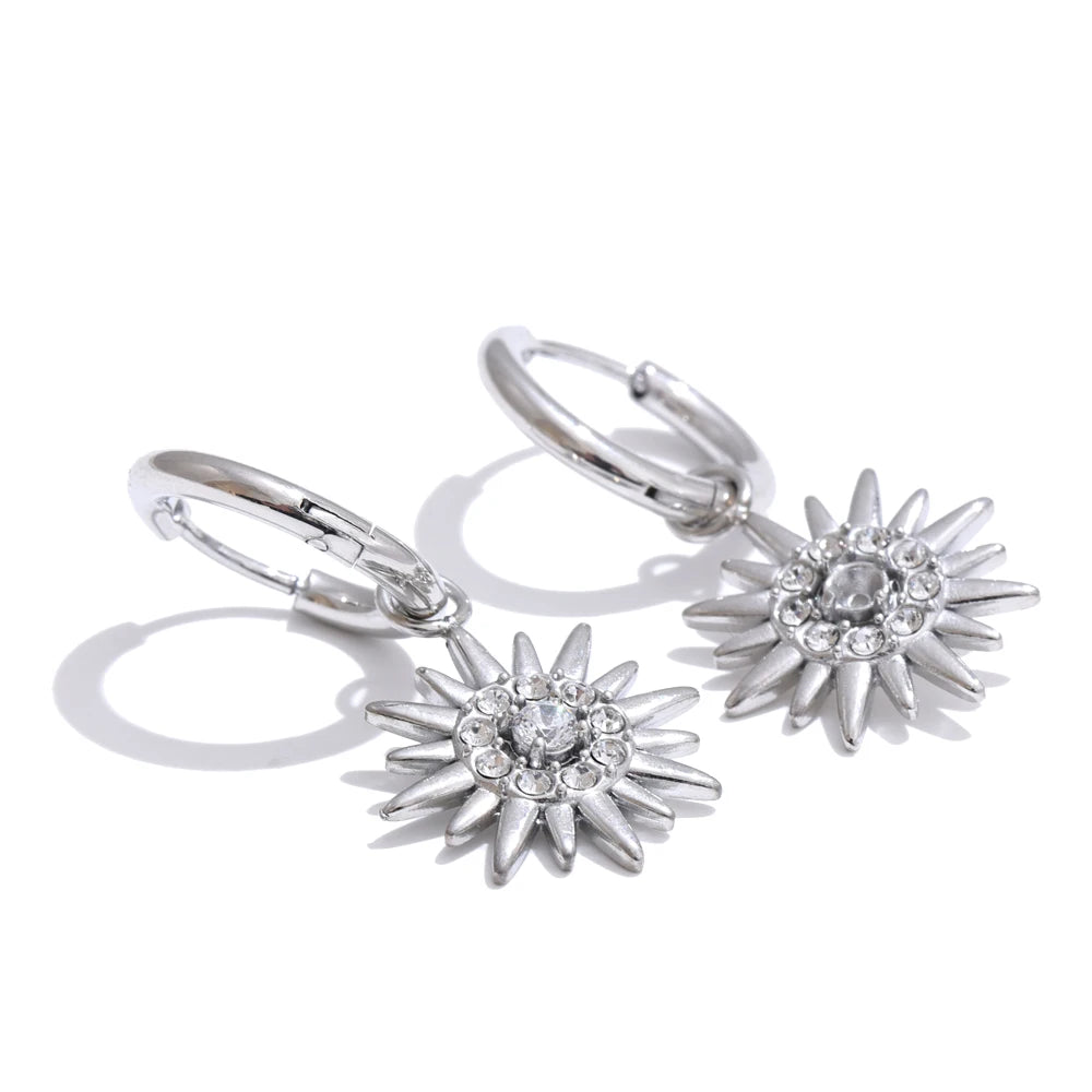 Exquisite Inlaid Zirconia Sun Drop Hoop Earrings for Women Stainless Steel Delicate Daily Jewelry Hypoallergenic
