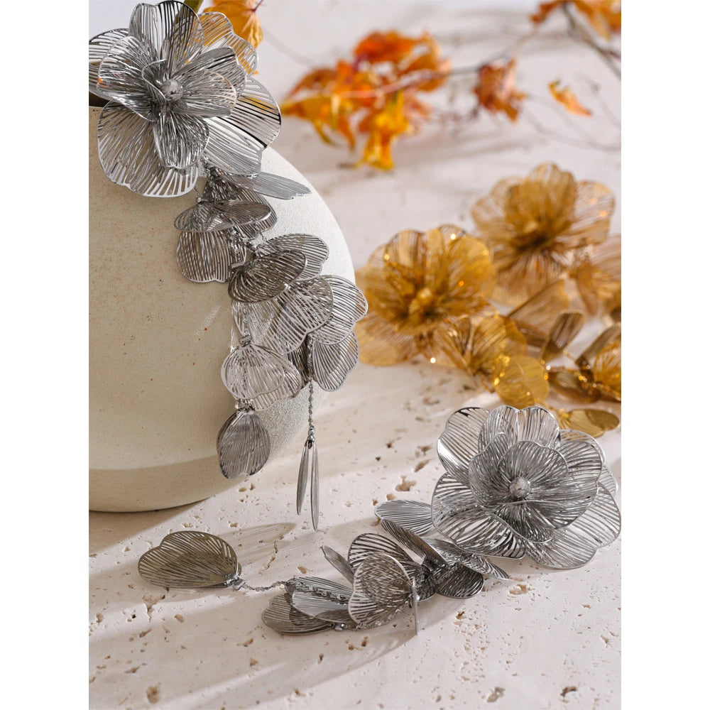 Stainless Steel Big Flower Tassel Drop Dangle Exaggerated Earrings Metal Fashion Eye-Catching Party Jewelry Hypoallergenic