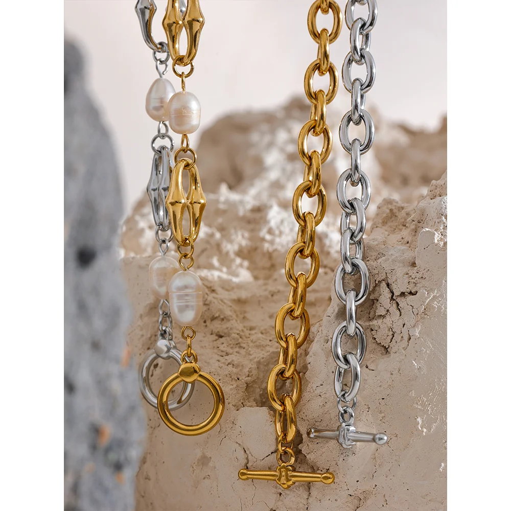 High-Grade Natural Freshwater Pearls Metal Chain Fashion Necklace Trendy 18K PVD Plated Attractive Women Jewelry Gift