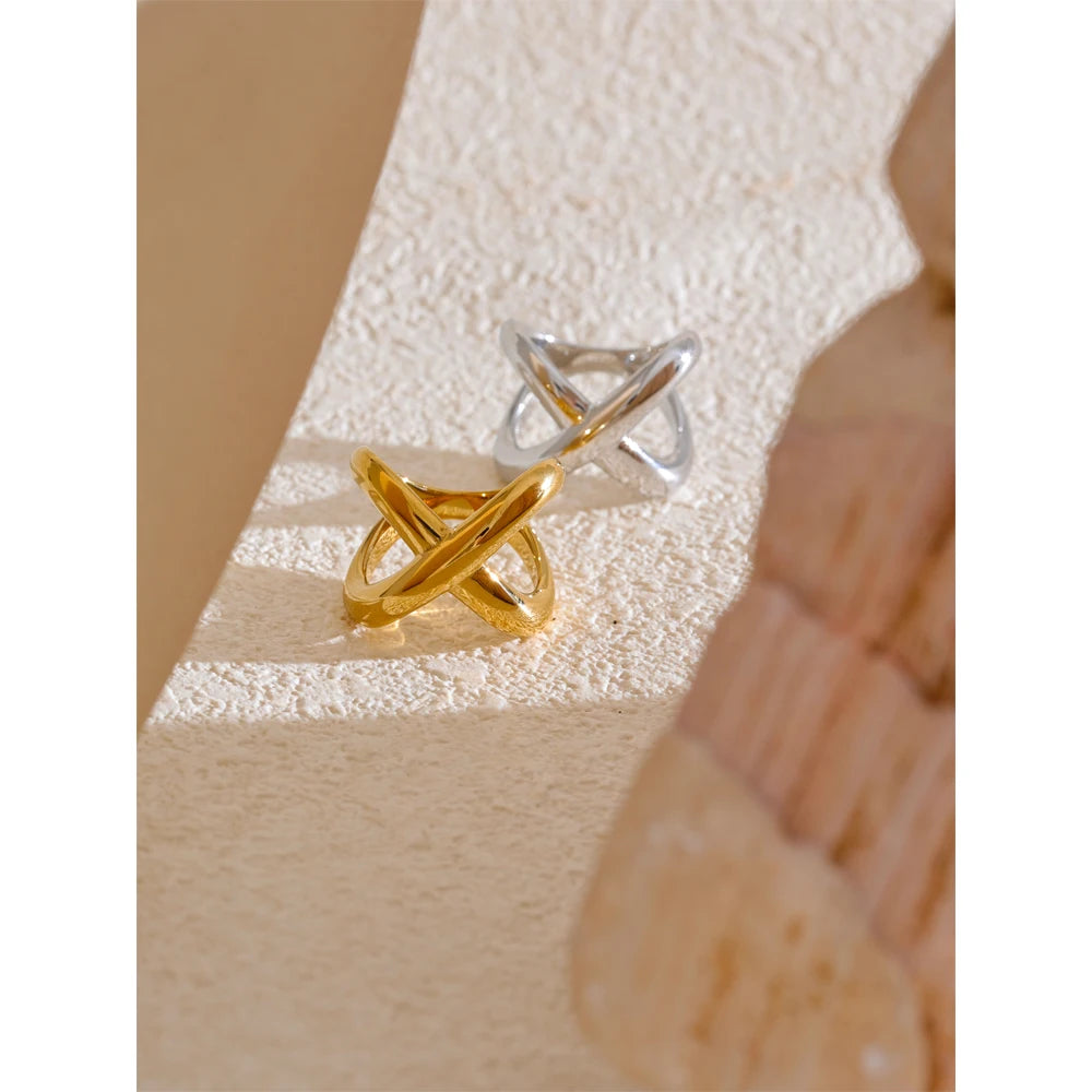6789# PVD Plated Statement Stainless Steel X-Shape Geometric Finger Ring Waterproof Smooth Metal Handmade Polished Jewelry