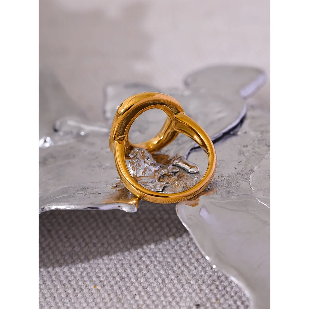 Creative Stainless Steel Geometric Hollow Golden Minimalist Ring Fashion Waterproof Unusual Trendy Textured Jewelry