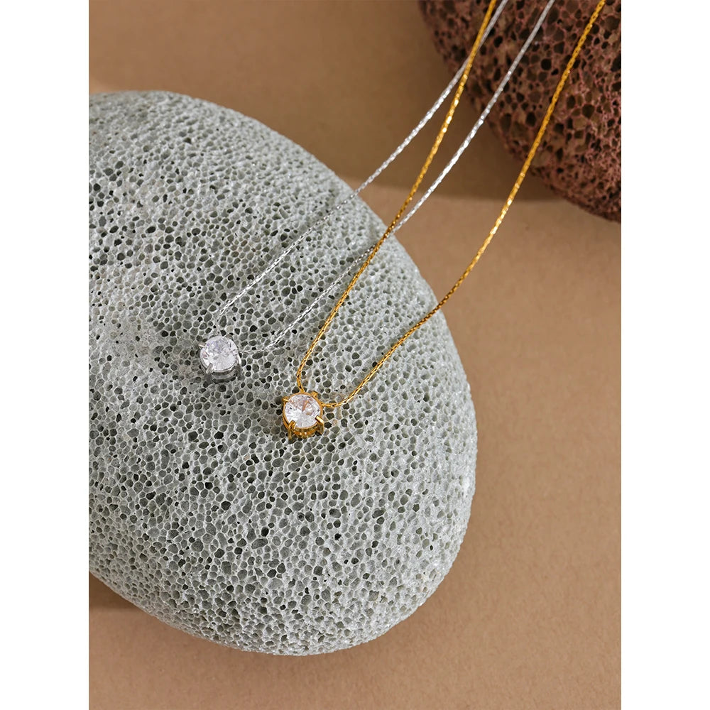 Korean Chic Stainless Steel Shiny Cubic Zirconia Cast Delicate Necklace Pendant for Women Daily Waterproof Basic Jewelry