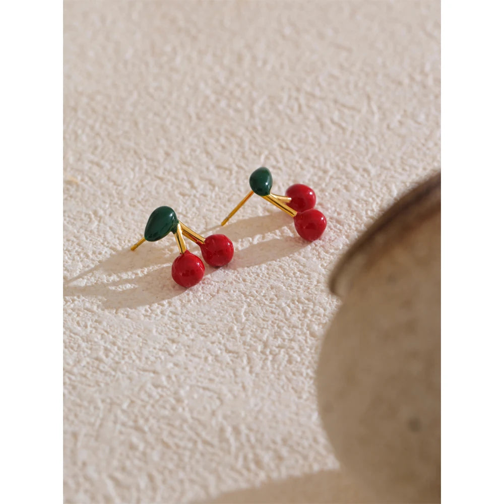 Hot Style Stainless Steel Enamel Cute Cherry Fashion Stud Earrings Gift Women Prevent Allergy Trending Exquisite Jewelry