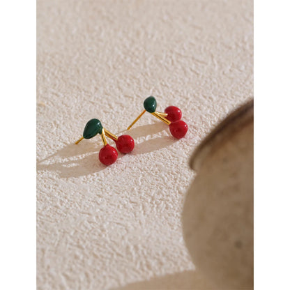 Hot Style Stainless Steel Enamel Cute Cherry Fashion Stud Earrings Gift Women Prevent Allergy Trending Exquisite Jewelry