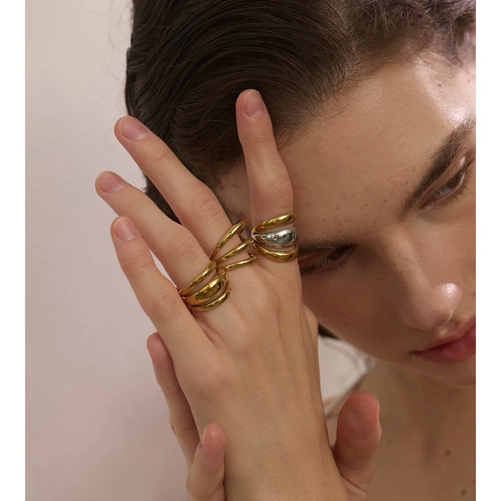 Arrivals Glossy Stainless Steel Layered Hollow Open Ring for Women Distinctive Geometric Attractive Jewelry