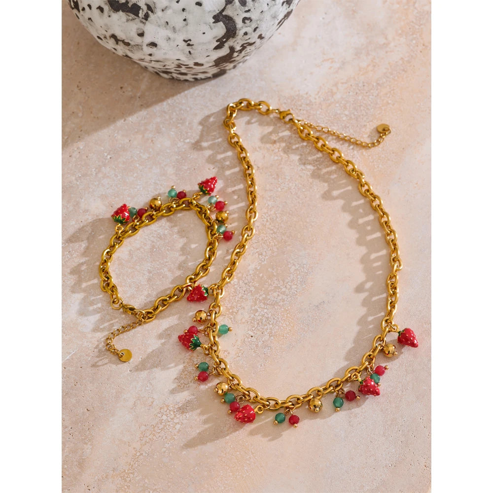 Trendy Stainless Steel Red Enamel Stone Strawberry Drop Charms Necklace Bracelet Hot Style Golden Plated Handmade Jewelry