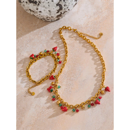 Trendy Stainless Steel Red Enamel Stone Strawberry Drop Charms Necklace Bracelet Hot Style Golden Plated Handmade Jewelry