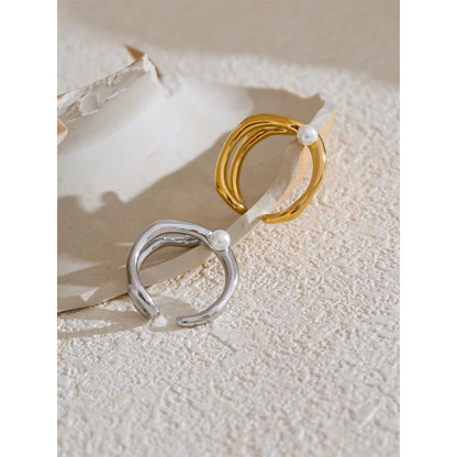 Stylish Unique Stainless Steel Pearls Geometric Open Chic Ring for Women High Quality Jewelry Bijoux