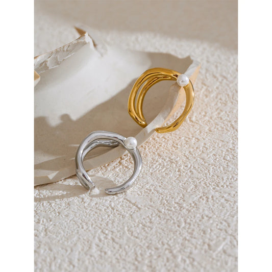 Stylish Unique Stainless Steel Pearls Geometric Open Chic Ring for Women High Quality Jewelry Bijoux