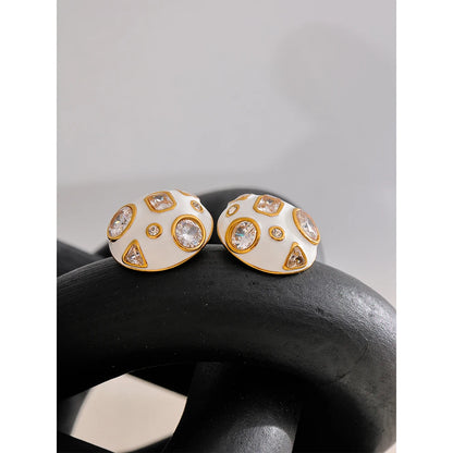 Stainless Steel White Enamel inlaid Cubic Zirconia Charm Stud Earrings for Women Fashion Waterproof Jewelry