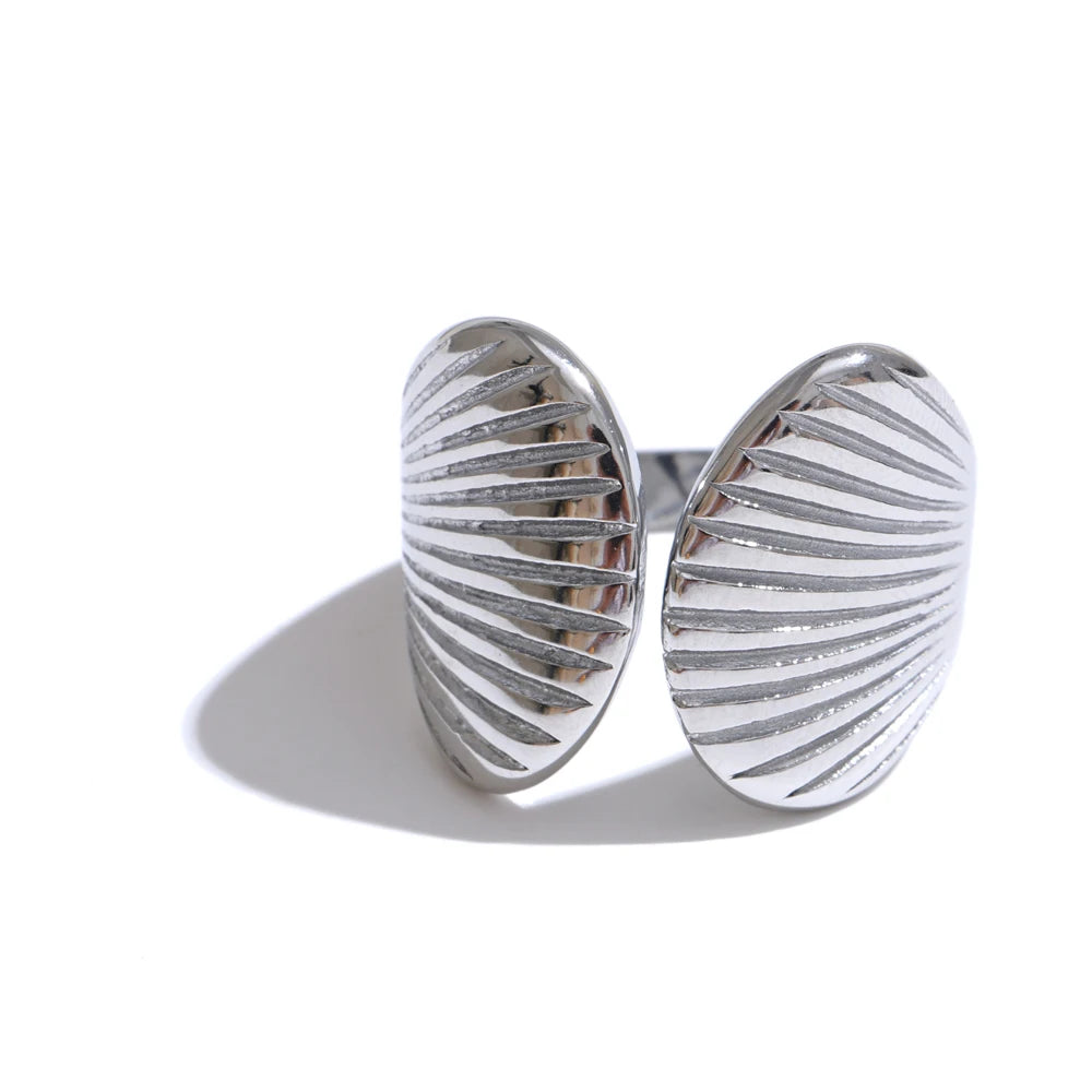 High Quality Stainless Steel Metal Shell Stripe Geometric Open Adjustable Ring Texture Fashion Summer Holiday Jewelry
