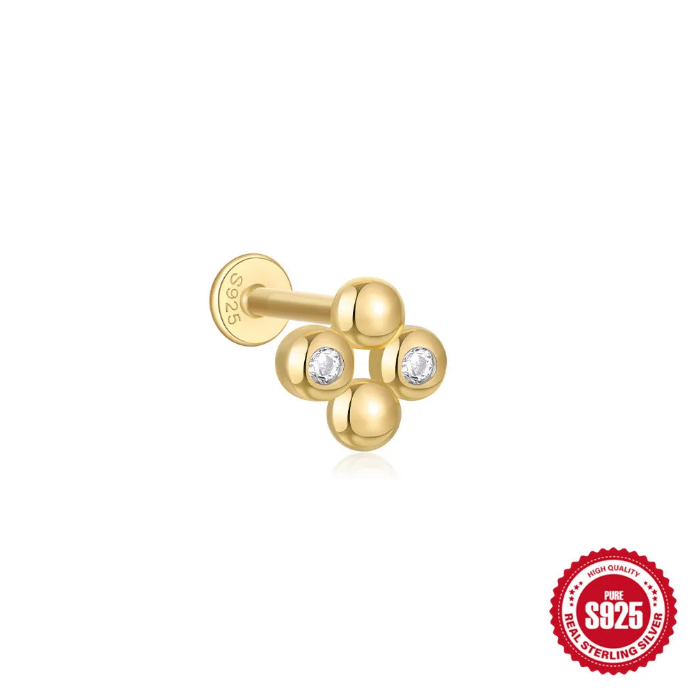 CANNER 1Pc 925 Silver Smooth Stars Moon Stud Earrings For Women 18K Gold Flat Head Threaded Puncture Ear Bone Ins Fine Jewelry