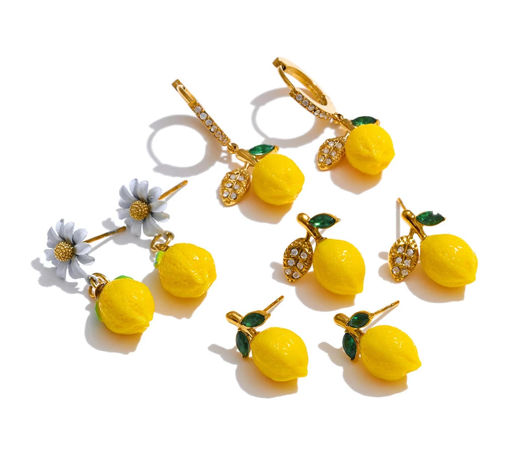 Fashion Yellow Resin Zirconia Fruit Lemon Dangle Earrings for Women Stainless Steel Arrivals Chic Jewelry Wholesale