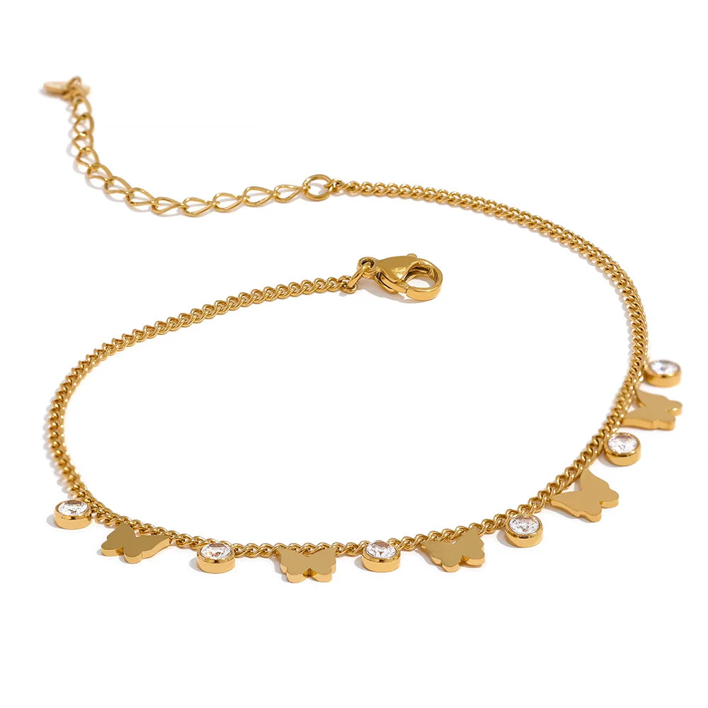 Exquisite Colorful Cubic Zirconia Butterfly Drop Chain Stainless Steel 18K Gold Color Anklet Bracelet Trendy Jewelry