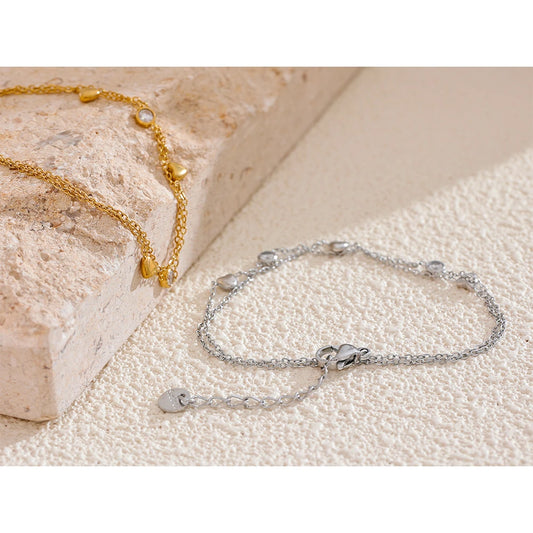 Delicate Chain Heart Zircon Double Layer Stacking Bracelet Bangle Chic Summer Stainless Steel Waterproof Jewelry Gift