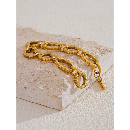 316L Stainless Steel Metal Texture Oval Chain Bracelet Bangle Men Women 18K PVD Plated Toggle-Clasps Statement Jewelry