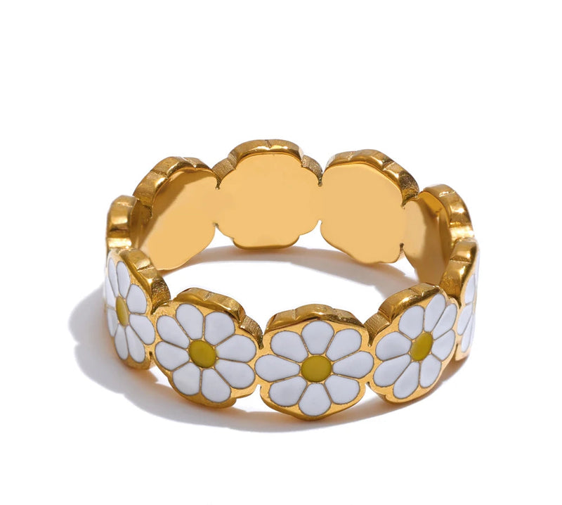 6789# New White Enamel Daisy Flower Golden PVD Stylish Ring for Women Girl Stainless Steel Exclusive Fashion Daily Jewelry