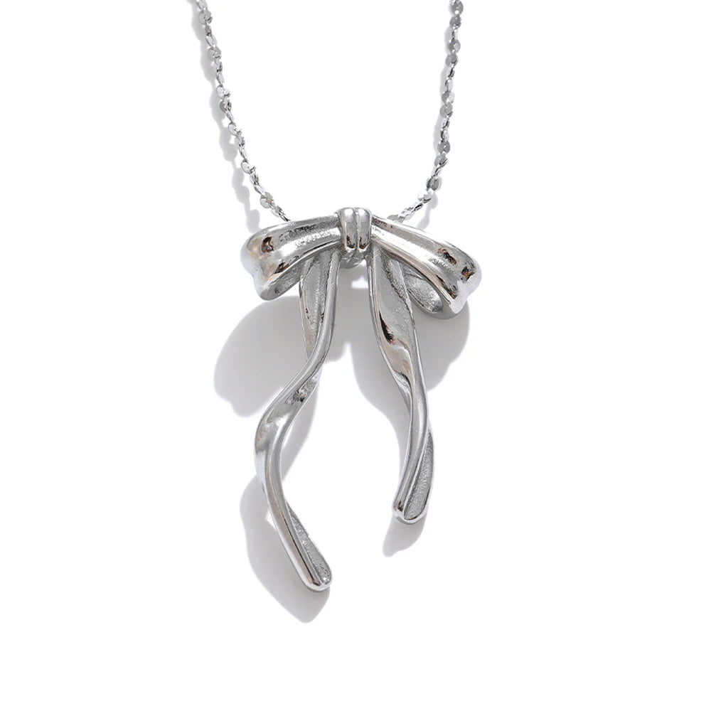 316L Stainless Steel Bow Knot Necklace Pendant 18K Gold & Platinum PVD Plated Metal Charm Fashion Trendy Jewelry