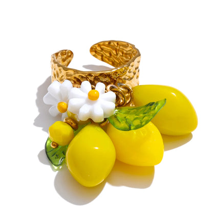 Exclusive Design Strawberry Cherry Chilli Shell Resin Drop Open Adjustable Ring 18K Golden Stainless Steel Charm Jewelry