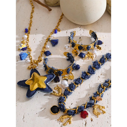 Exclusive Design Blue Denim Heart Star Animal Pendant Necklace Bracelet Bangle Popular Charm Jewelry Autumn & Winter New