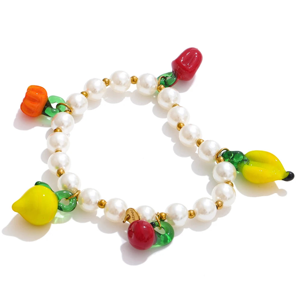 5 Style Trendy Handmade Beads Jewelry Simulated Pearls Chain Fruit Drop Bracelet Bangles Stainless Steel Wrist Accessories