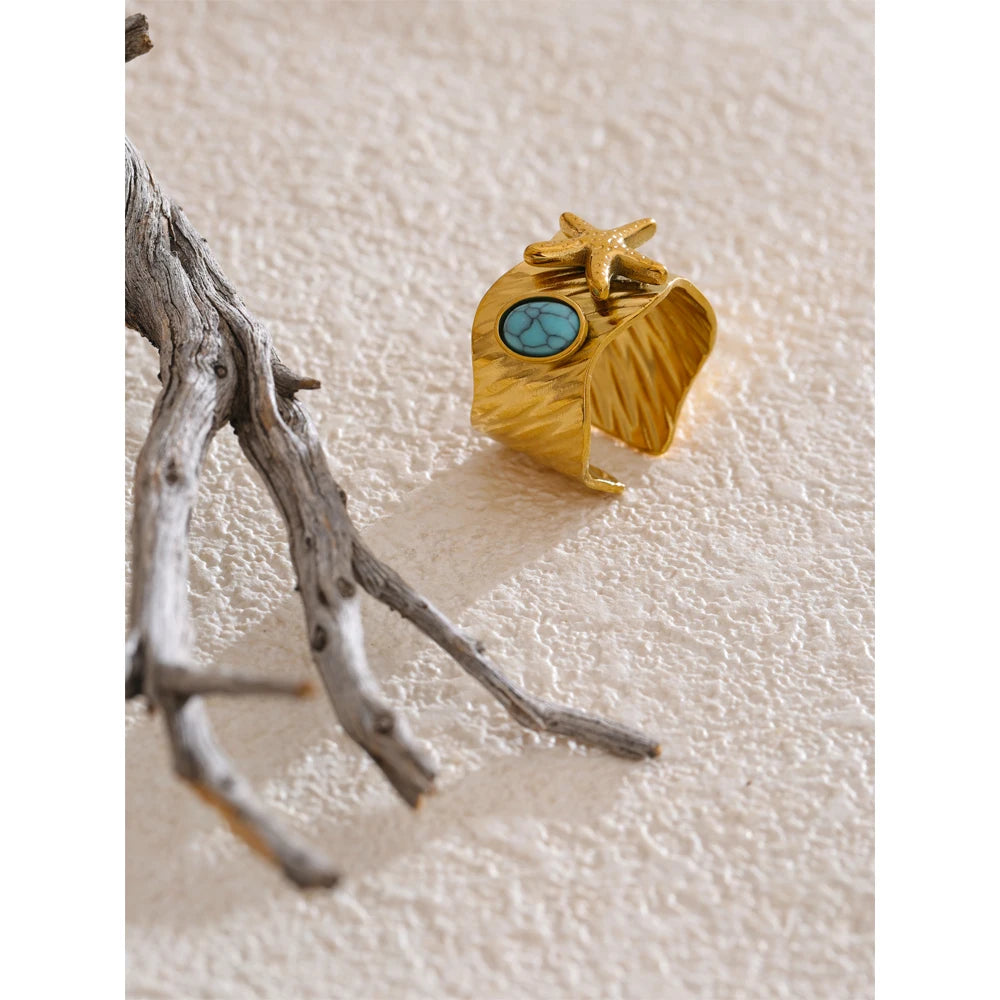 Ocean Style Blue Turquoise Starfish Open Ring 18K Golden PVD Plated Stainless Steel Summer Trending Jewelry Vintage