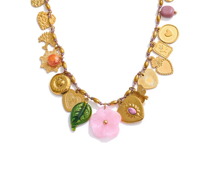 Exclusive Stainless Steel Metal Heart Resin Flower Pendant Drop Charms Necklace 2025 Golden PVD Popular Handmade Jewelry