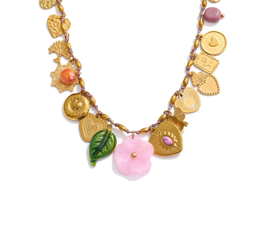 Exclusive Stainless Steel Metal Heart Resin Flower Pendant Drop Charms Necklace 2025 Golden PVD Popular Handmade Jewelry