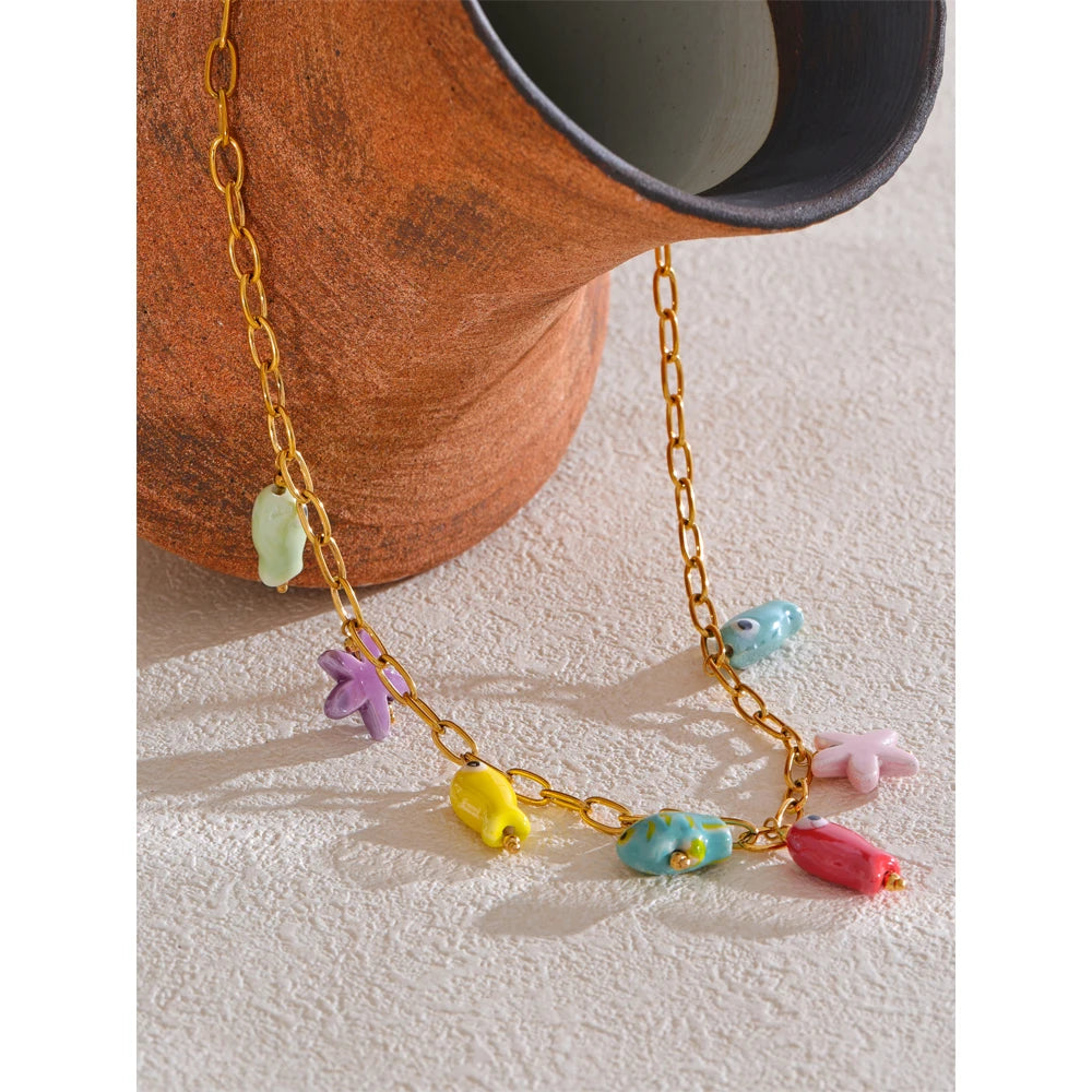 Fashion Stainless Steel Ceramic Starfish Fish Drop Y2K Necklace Bracelet Bangle Tarnish Resistant Popular Cute Jewelry