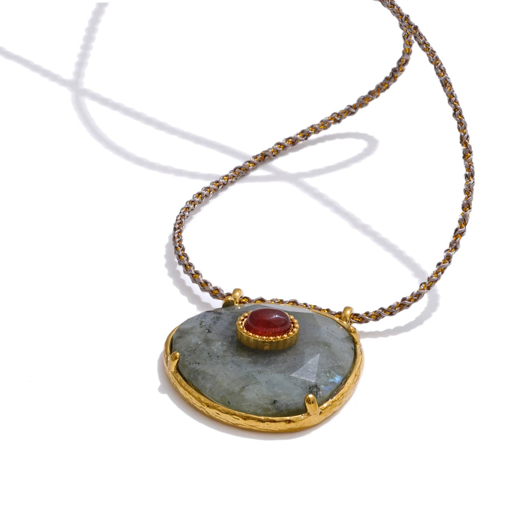 Natural Spectrolite Agate Stone Oval Pendant Necklace for Women Golden Stainless Steel Exquisite Fashion Jewelry Gift