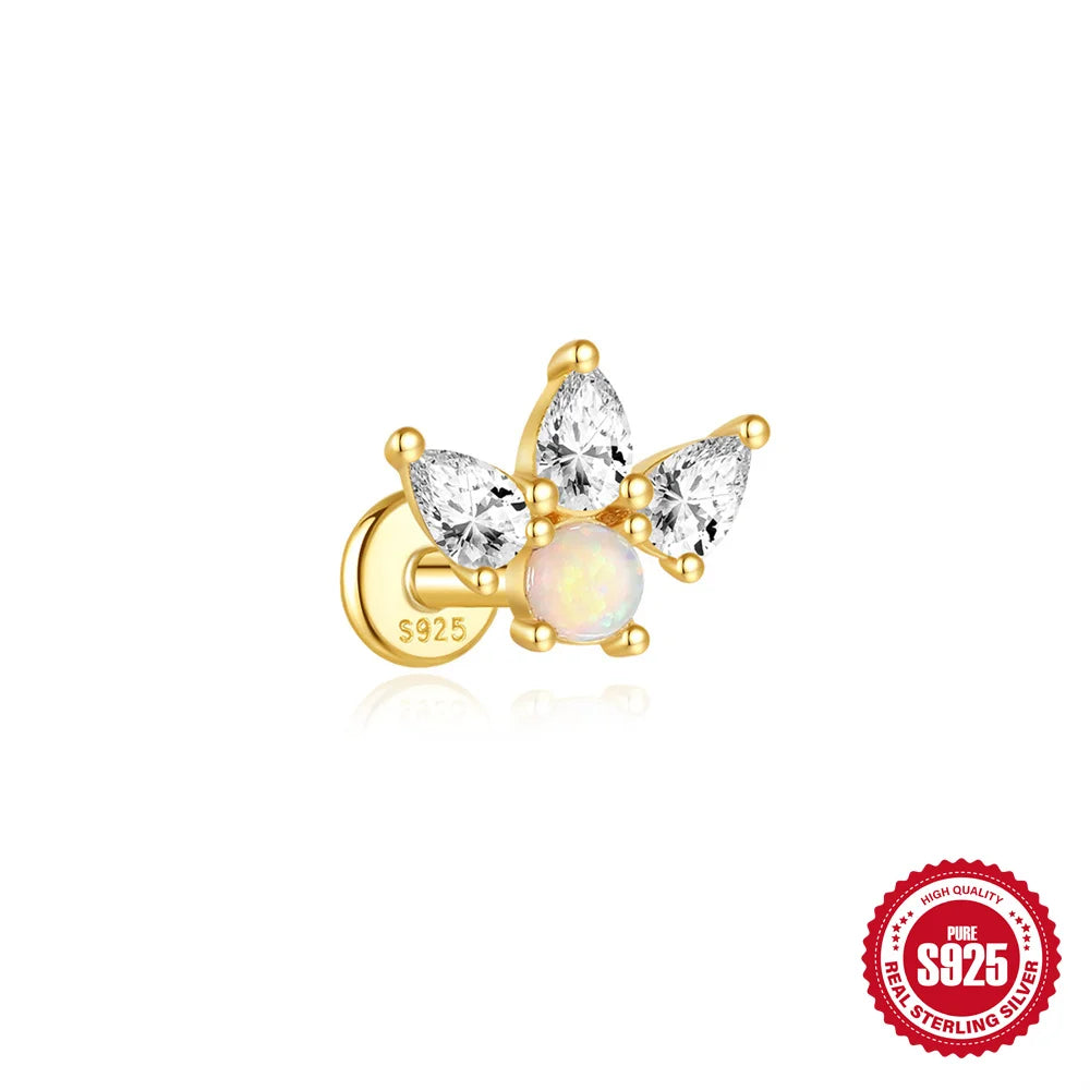 CANNER 1Pc 925 Silver Smooth Stars Moon Stud Earrings For Women 18K Gold Flat Head Threaded Puncture Ear Bone Ins Fine Jewelry