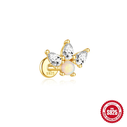 CANNER 1Pc 925 Silver Smooth Stars Moon Stud Earrings For Women 18K Gold Flat Head Threaded Puncture Ear Bone Ins Fine Jewelry
