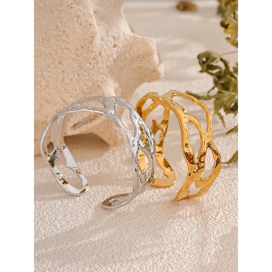 Stylish Unique Design Stainless Steel Metal Hollow Wide Cuff Bracelet Bangle Texture Rust Proof 18K PVD Plated Jewelry