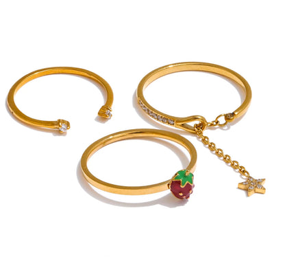 Delicate Stainless Steel Strawberry Geometric Adjustable Open Thin Ring Trendy Fashion Jewelry Water Resistant