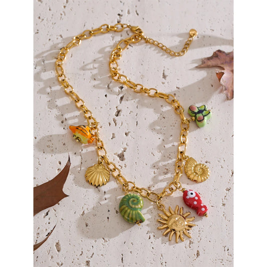 Ocean Style Ceramic Conch Fish Butterfly Sun Drop Y2K Handmade Necklace Women Stainless Steel Statement Trending Jewelry