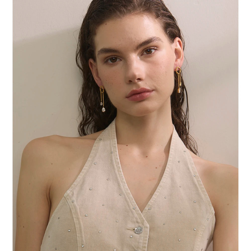 48mm Stainless Steel Geometric Tassel Chain Cubic Zirconia Drop Dangle Earrings for Women Delicate Fashion Jewelry Gift