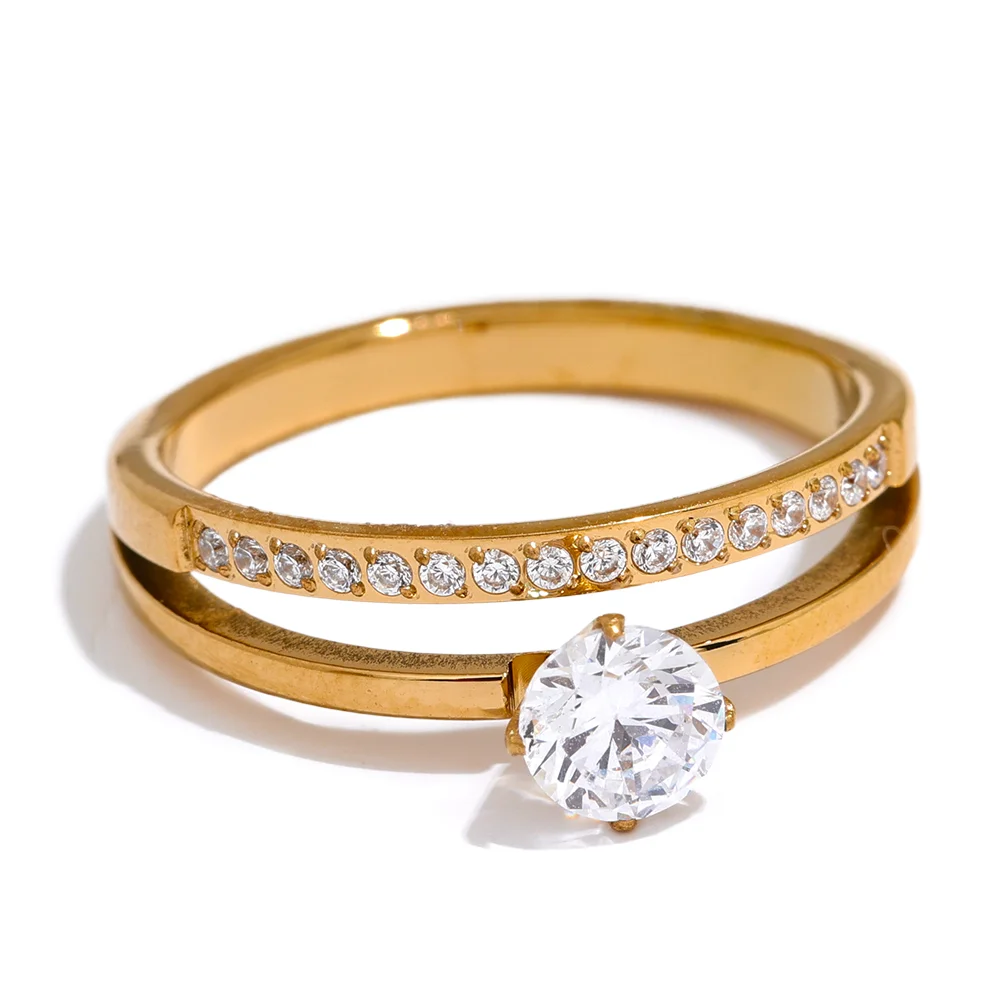 Delicate Shiny Cubic Zirconia Stainless Steel Double Layer Classic Ring High Quality Women Gift Exquisite Romantic Jewelry