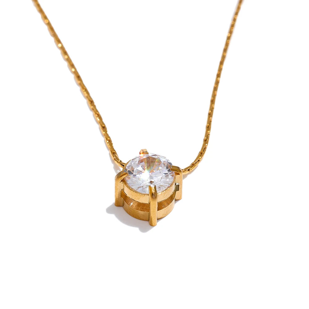 Korean Chic Stainless Steel Shiny Cubic Zirconia Cast Delicate Necklace Pendant for Women Daily Waterproof Basic Jewelry