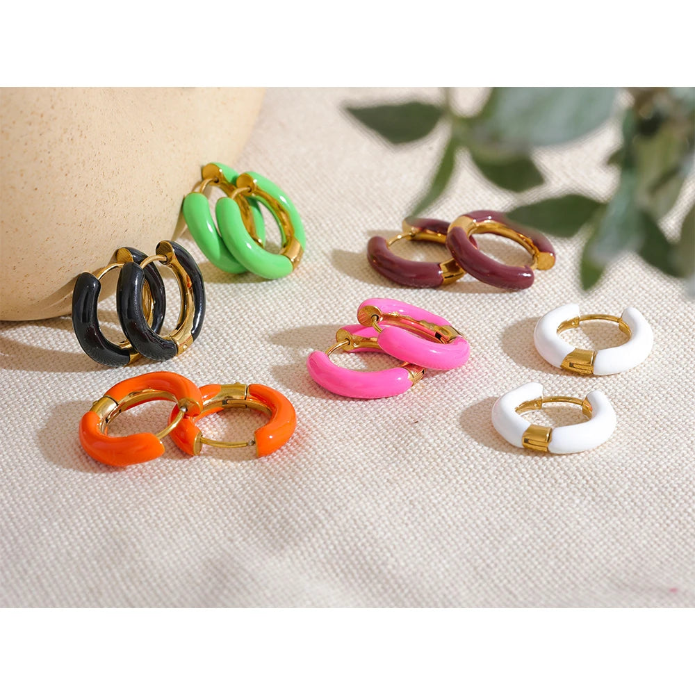 20mm Trendy Orange Green Enamel Stainless Steel Round Hoop Huggie Earrings Waterproof Charm Fashion Daily Jewelry Women