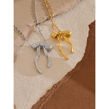 316L Stainless Steel Bow Knot Necklace Pendant 18K Gold & Platinum PVD Plated Metal Charm Fashion Trendy Jewelry