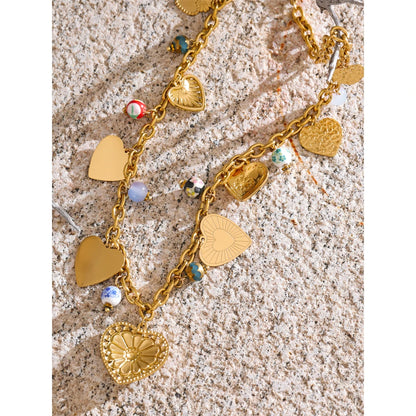 2025 Exquisite Stainless Steel Ceramic Beads Heart Love Drop Necklace High Quality Golden Charm Jewelry Recommend