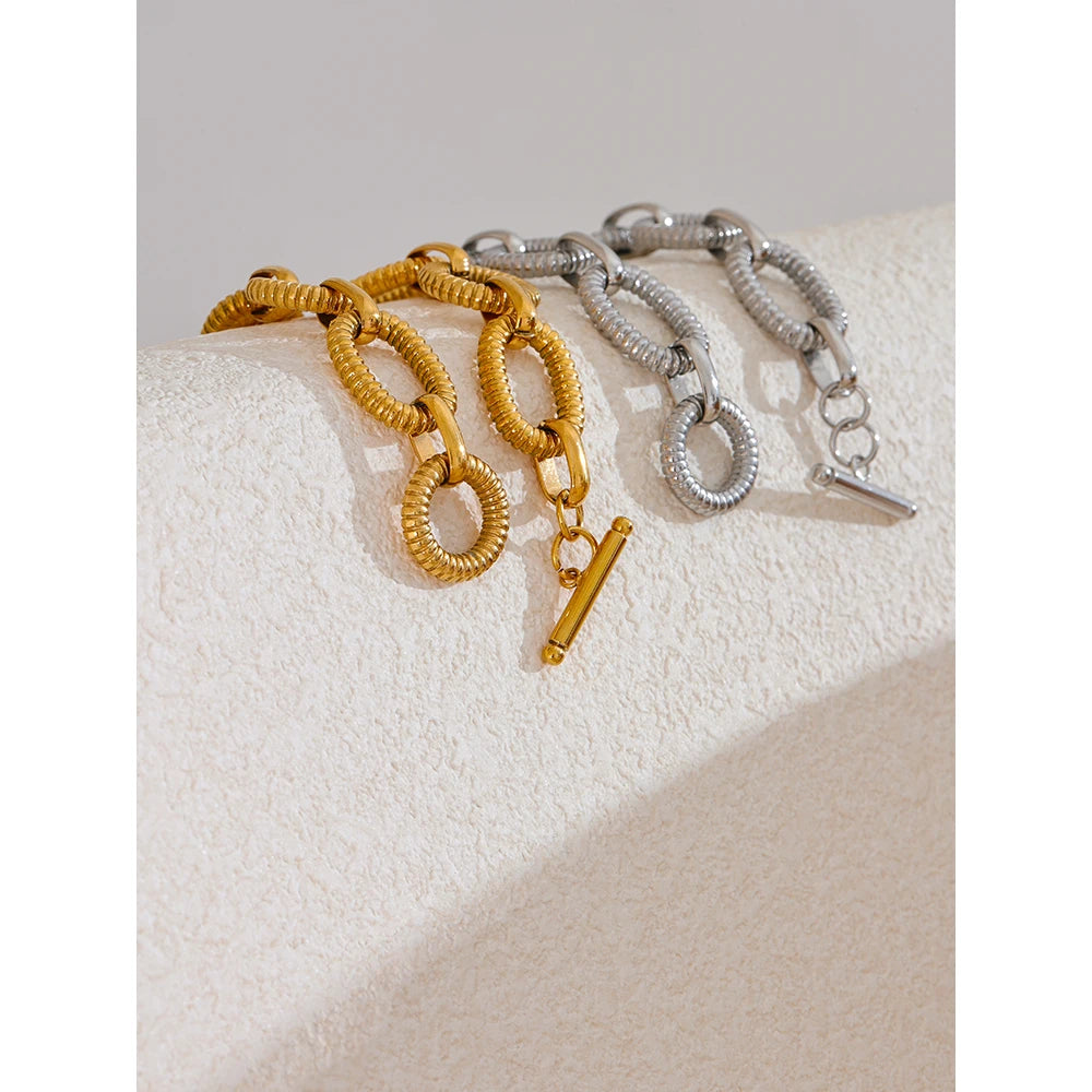 316L Stainless Steel Metal Texture Oval Chain Bracelet Bangle Men Women 18K PVD Plated Toggle-Clasps Statement Jewelry